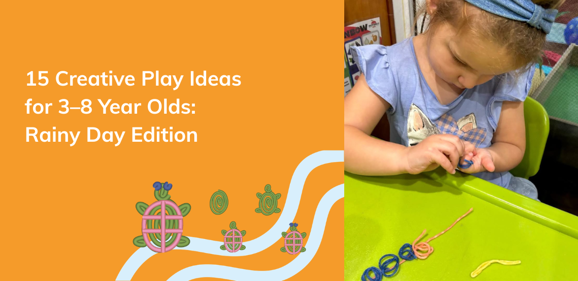 Promotional graphic with an orange left panel reading '15 Creative Play Ideas for 3-8 Year Olds: Rainy Day Edition' and a right panel showing a young child sitting at a green table playing with small craft pieces.
