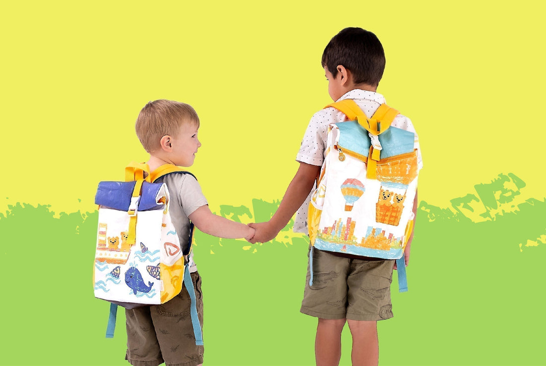 Two young boys wearing Twisty Kids eco-friendly school backpacks, ready for back to school in Australia.
