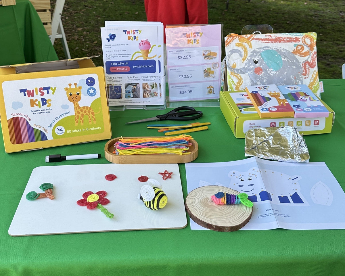 Twisty Kids reusable wax sticks table at Wahroonga Park Sustainable Futures Day