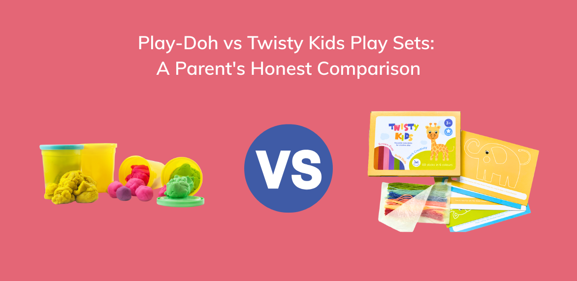 A comparison graphic titled 'Play-Doh vs Twisty Kids Play Sets: A Parent's Honest Comparison' on a pink background, showing a yellow Play-Doh bucket and colorful dough on the left, and a Twisty Kids activity set with cards and blocks on the right.