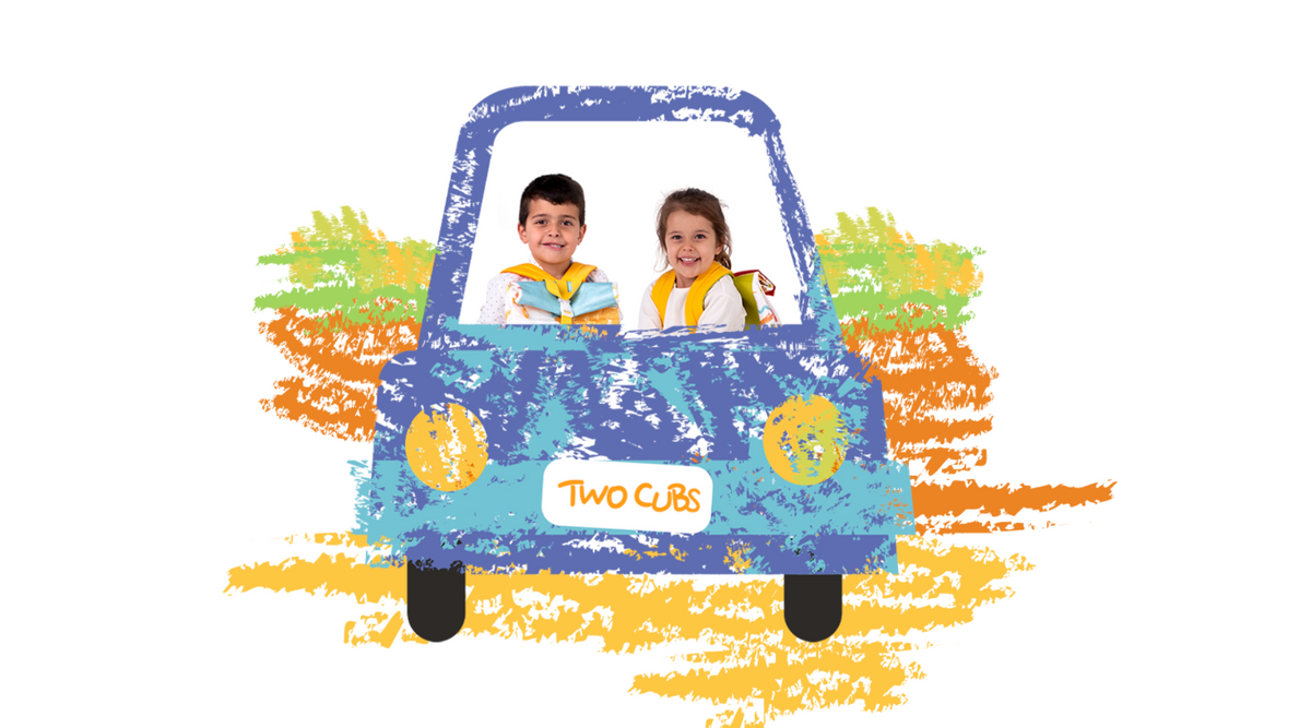 Two smiling children wearing colourful Twisty Kids backpacks sitting inside a playful,         crayon-style car illustration — representing fun, eco-friendly kids travel and educational accessories
