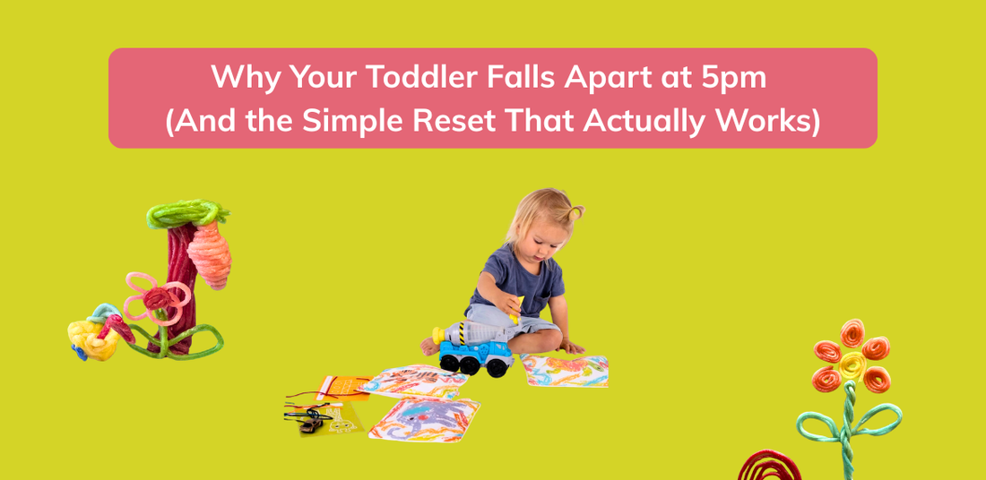  A promotional banner with a bright lime green background, a pink title box reading 'Why Your Toddler Falls Apart at 5pm (And the Simple Reset That Actually Works)', and a toddler sitting on the floor playing with colorful toys and activity mats.