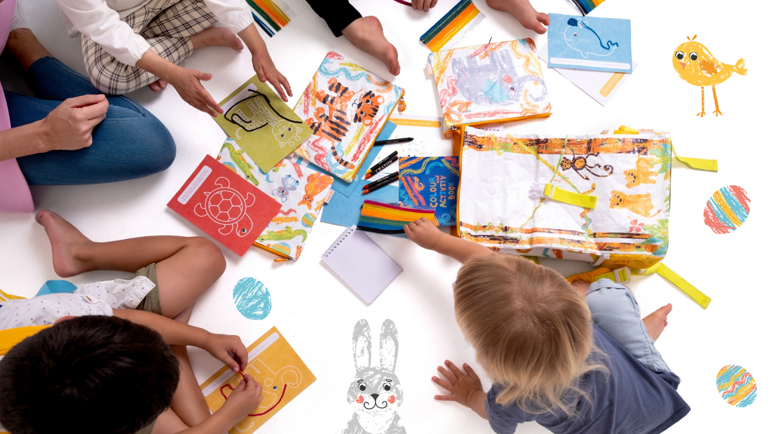 A group of children engaged in creative play with TWO CUBS travel kits and Crafty Curls on a colourful background, surrounded by Easter-themed drawings and crafts, showcasing the joy and engagement of educational activities during travel.