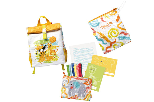 Bundle includes reusable wax sticks for creative play, kids backpacks with travel activity pack and reusable wet bag