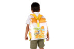 a boy with kids travel backpack by Twisty Kids, inside: travel pack for kids that includes activity book with colouring and stickers pages, notebook and crayons. 