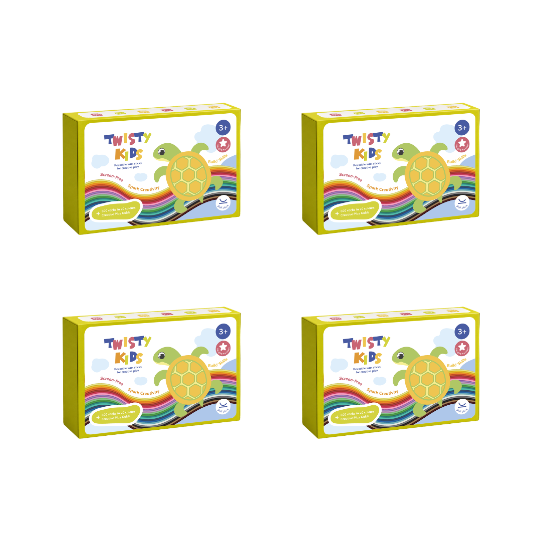 Four boxes of Twisty Kids with a turtle design on a white background