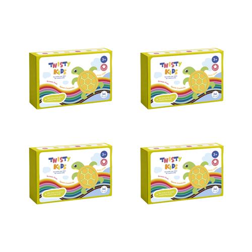 Four boxes of Twisty Kids with a turtle design on a white background