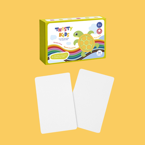 Twisty Kids product packaging with two white cards on a yellow background