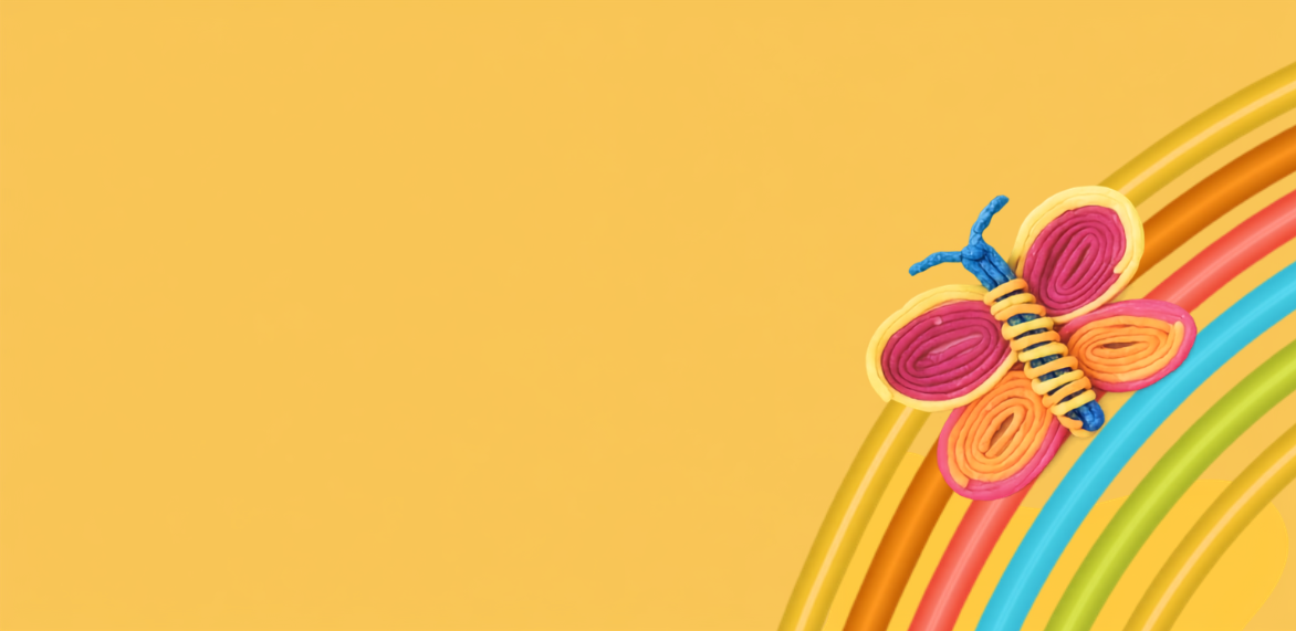 A decorative graphic with a warm yellow background and a stylized butterfly made from wax sticks in pink, orange, yellow, blue, and black, positioned over curved rainbow wax stick stripes in the lower-right corner.
