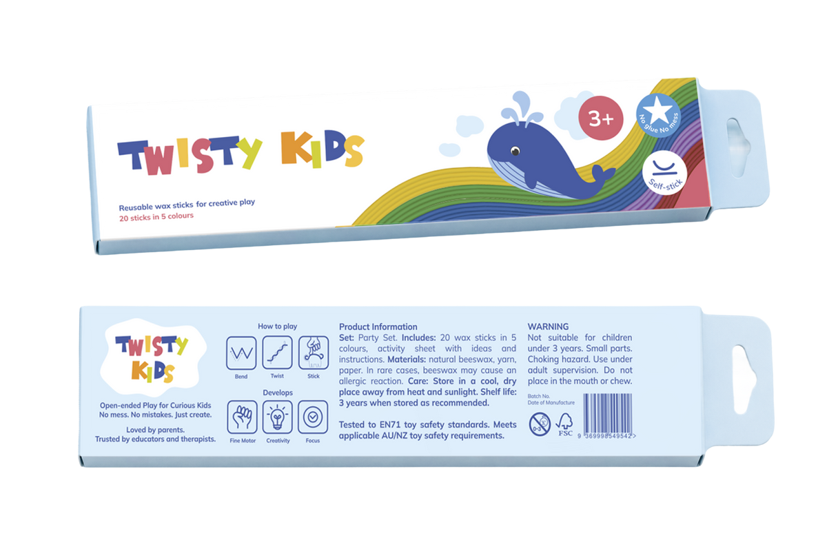 Twisty Kids Party Play Set box, front and back, white packaging with a whale and rainbow wax sticks.