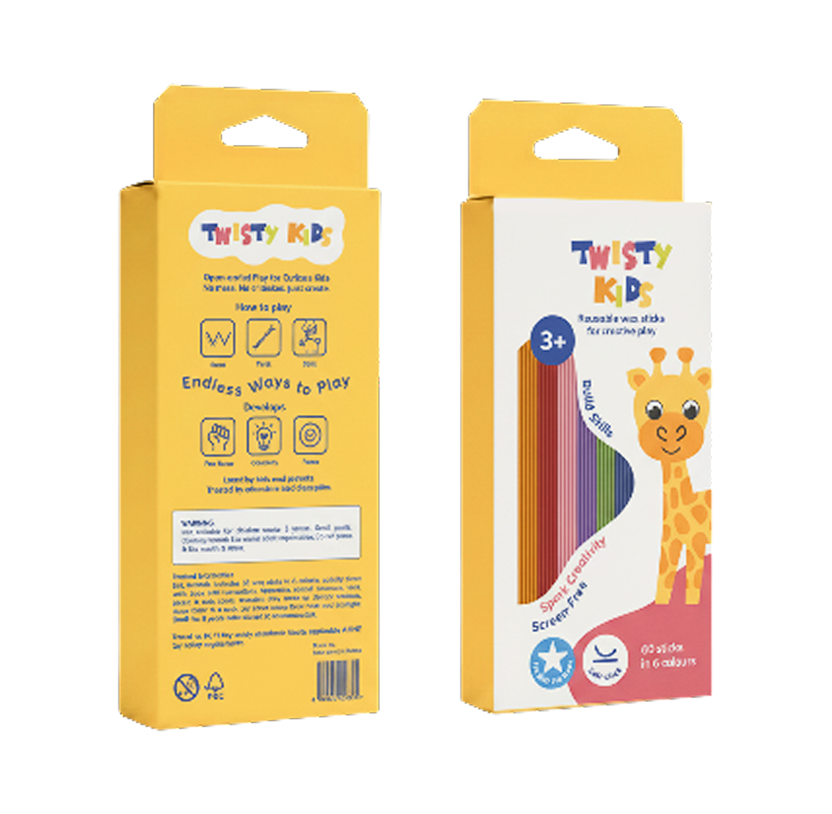 Twisty Kids Animals Play Set box, front and back, yellow packaging with a giraffe and rainbow wax sticks.