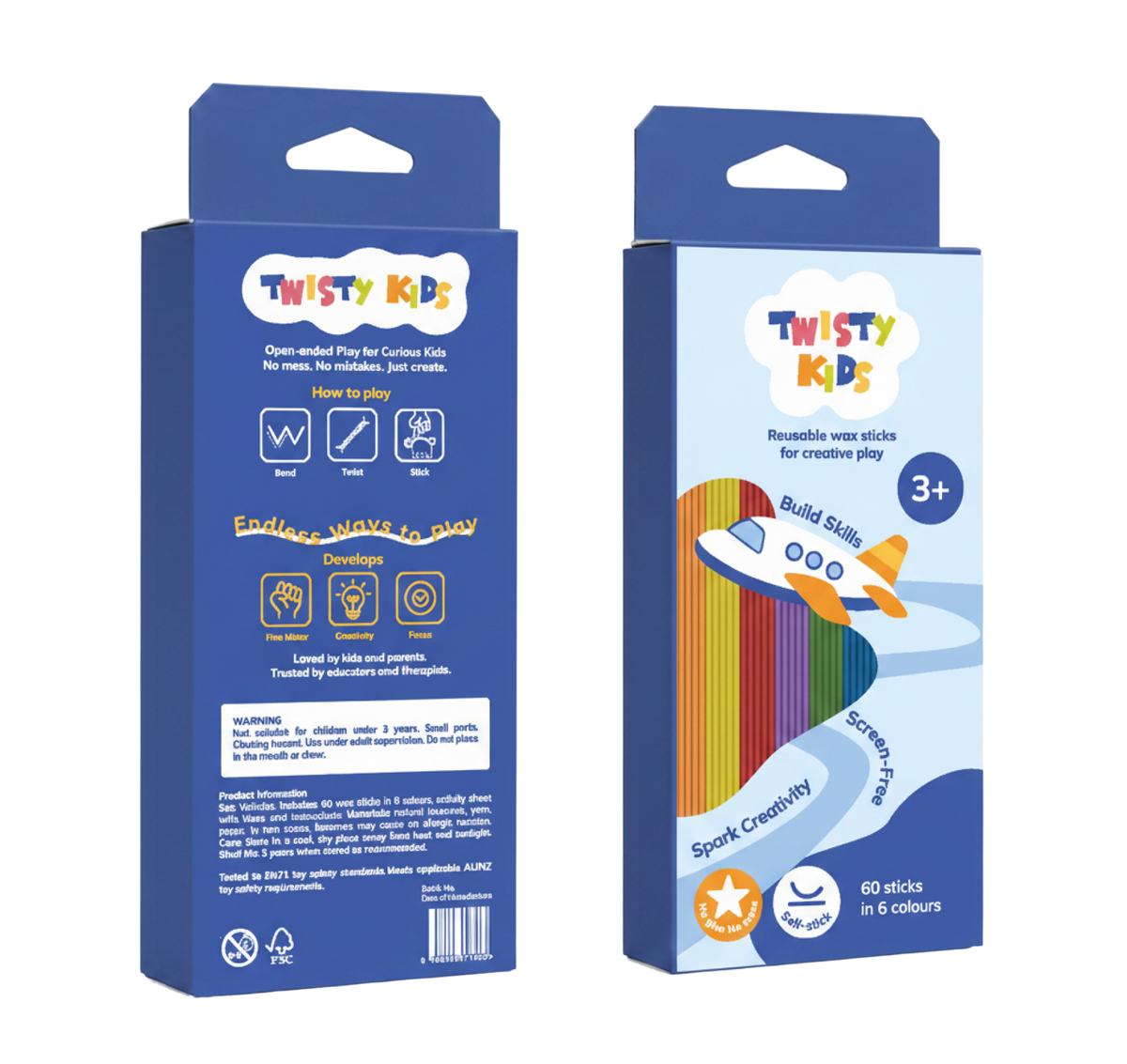 Twisty Kids Vehicles Play Set box, front and back, blue packaging with an airplane and rainbow wax sticks.